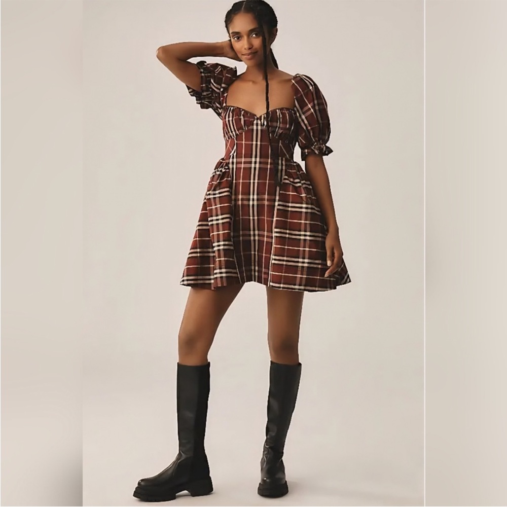 Anthropologie Maeve Red Tartan Plaid Puff Sleeve Mini Dress Size S NWT